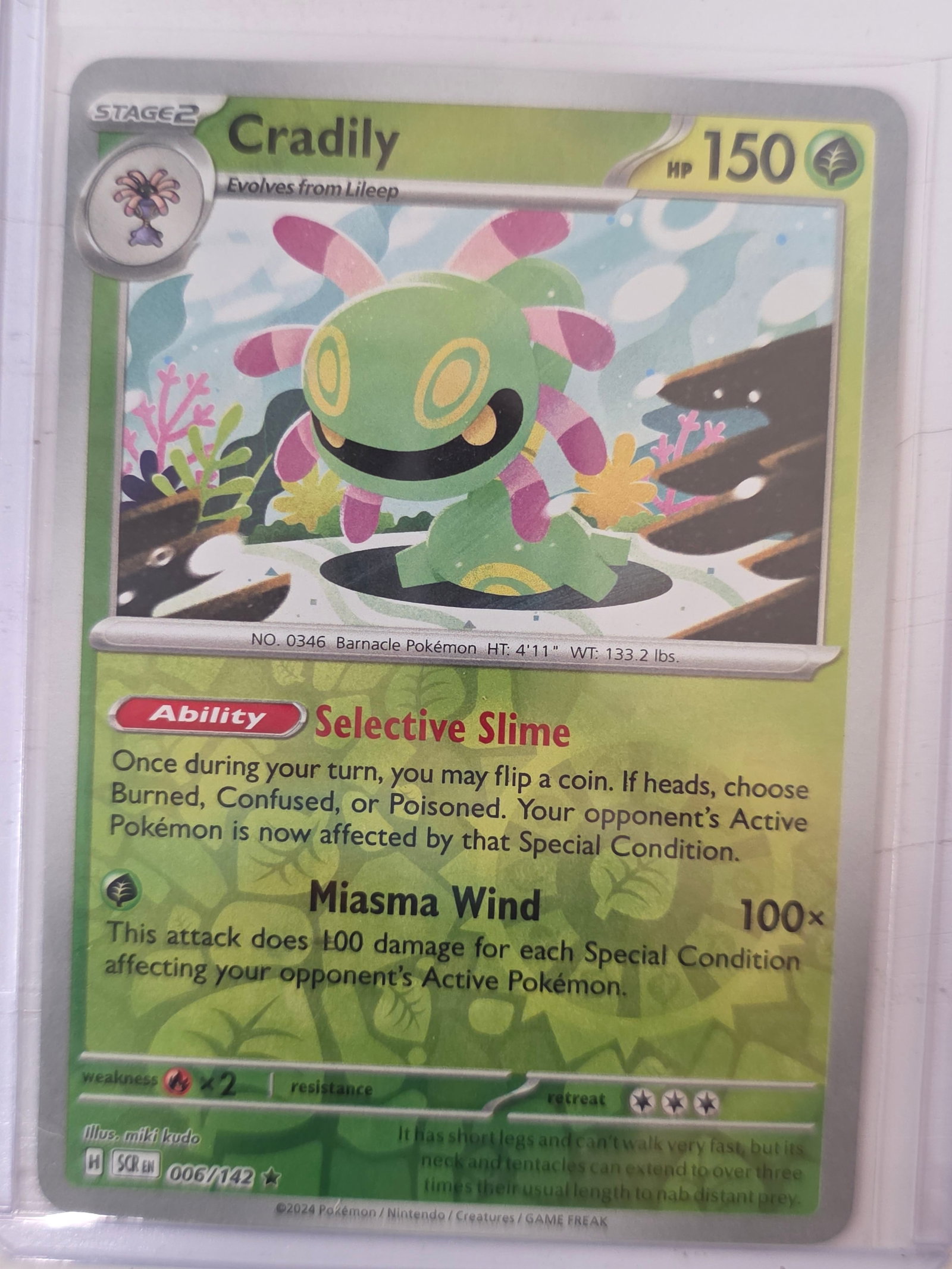 2024 Cradily Stellar Crown 006/142 Holo Pokemon Card: 2024 Pokemon Cradily Stage 2 card evolving from Lileep from the Scarlet & Violet Stellar Crown set numbered 006/142. Holographic card stored in penny sleeve and top loader.