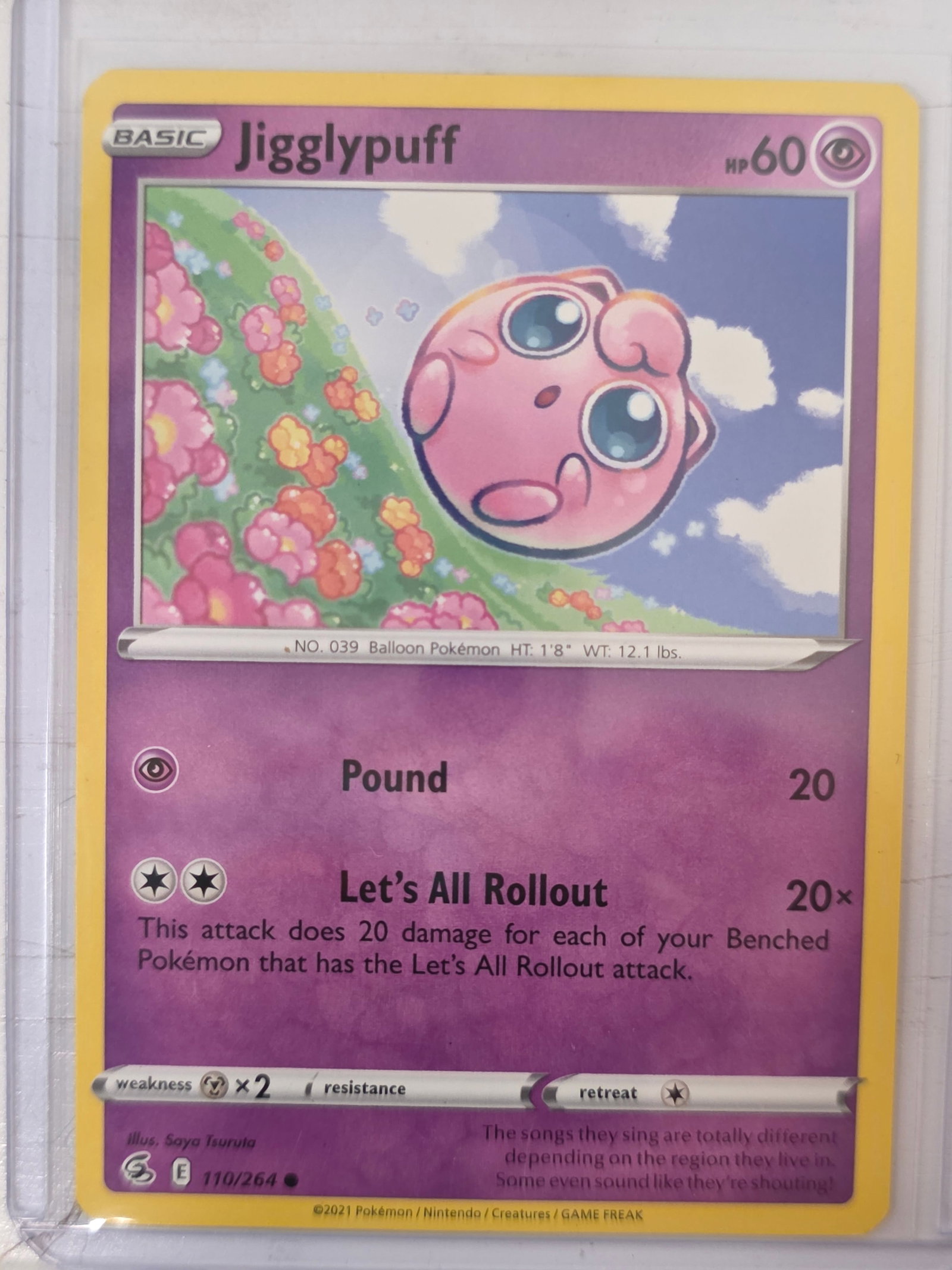 2021 Jigglypuff Fusion Strike 110/264 Pokemon Card: 2021 Pokemon Jigglypuff Basic card from the Sword & Shield Fusion Strike set numbered 110/264. Card stored in penny sleeve and top loader.