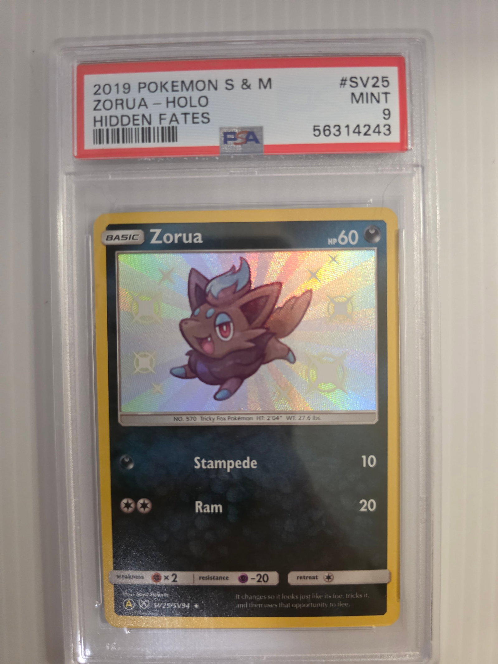 2019 Zorua Hidden Fates SV25/SV94 Shiny Holo PSA 9 Pokemon Card: 2019 Pokemon Zorua shiny holo card numbered SV25/SV94 from the Sun & Moon Hidden Fates set. PSA graded Mint 9 example in PSA slab.