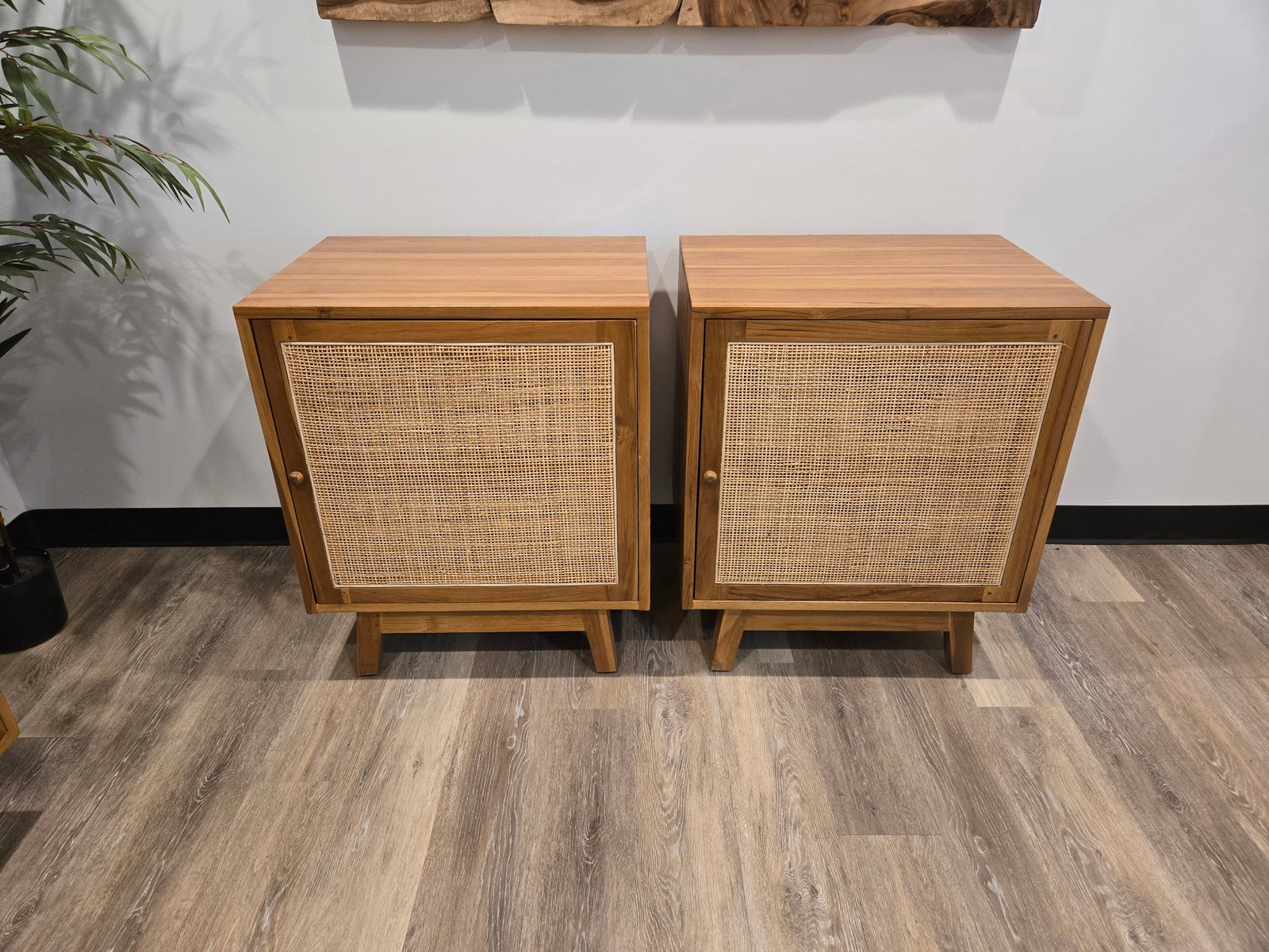 Pair of Teak & Rattan Nightstands: Pair of Hand-Crafted Teak and Rattan NightstandsThis high-quality nightstands were crafted in Central Java, Indonesia using sustainably harvested teak wood and 100% natural rattan.Theses piece are