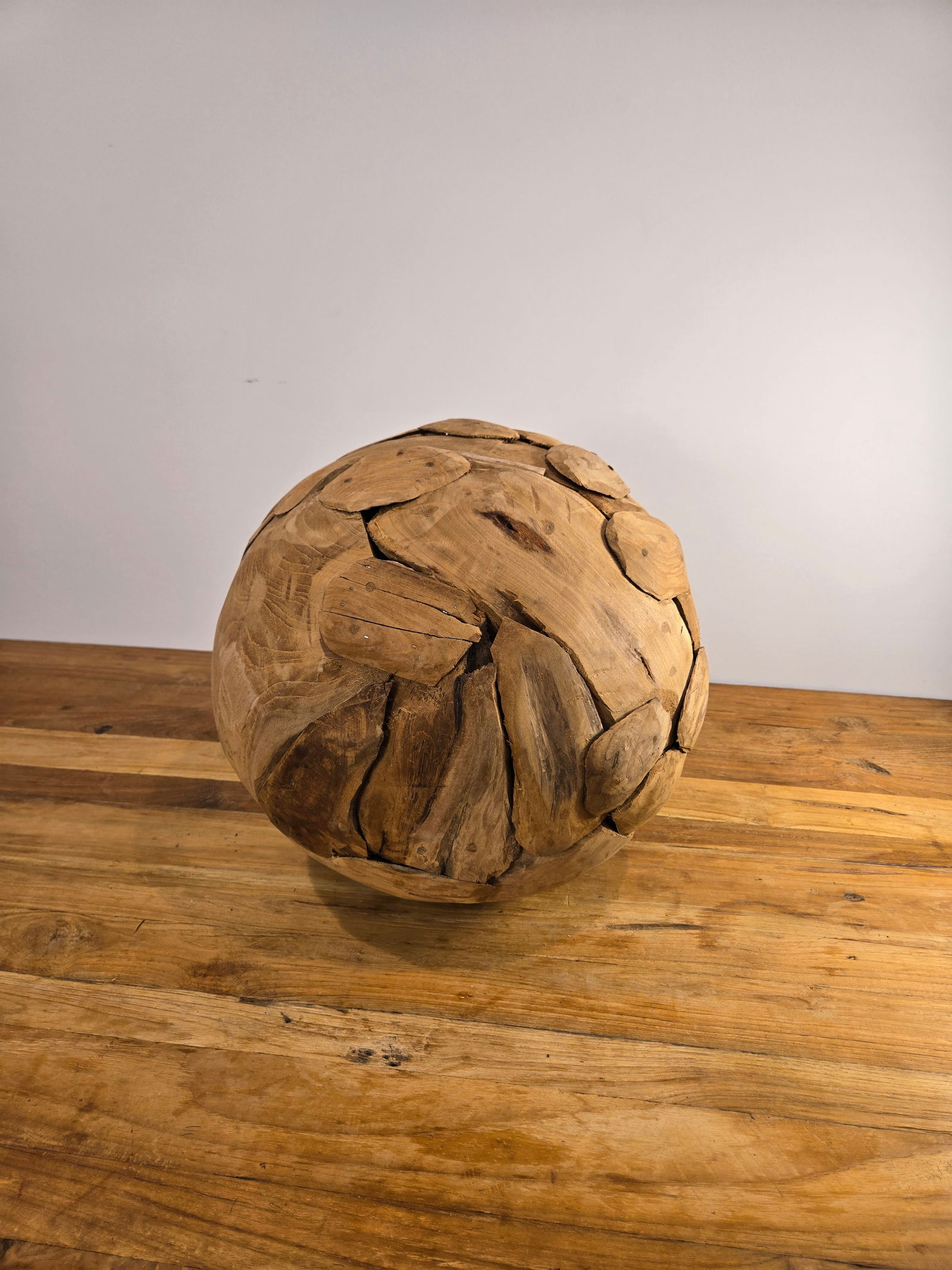 Large Teak Wood Ball: Large Teak Wood BallHand-crafted from 100% natural, sustainably harvested Indonesian teak wood.Brand new condition.Diameter: 15.5?Please feel free to reach out with any questions.Thank you.
