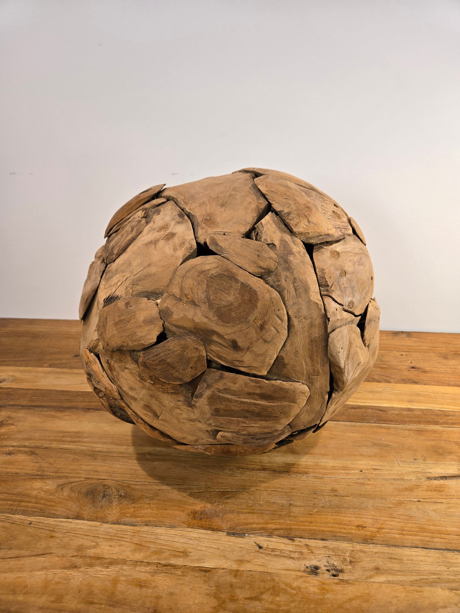 Large Teak Wood Ball: Large Teak Wood BallHand-crafted from 100% natural, sustainably harvested Indonesian teak wood.Brand new condition.Diameter: 15.5?Please feel free to reach out with any questions.Thank you.