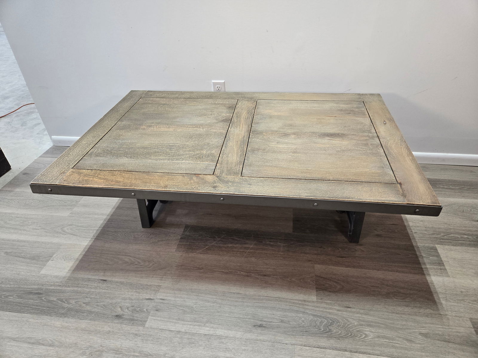 Adjustable Crank Coffee Table - Rectangle: Adjustable Crank Coffee Table - RectangleThis unique, industrial coffee table features an adjustable iron crank base and removable, solid mango wood top.This piece is brand new.Dimensions -Width: