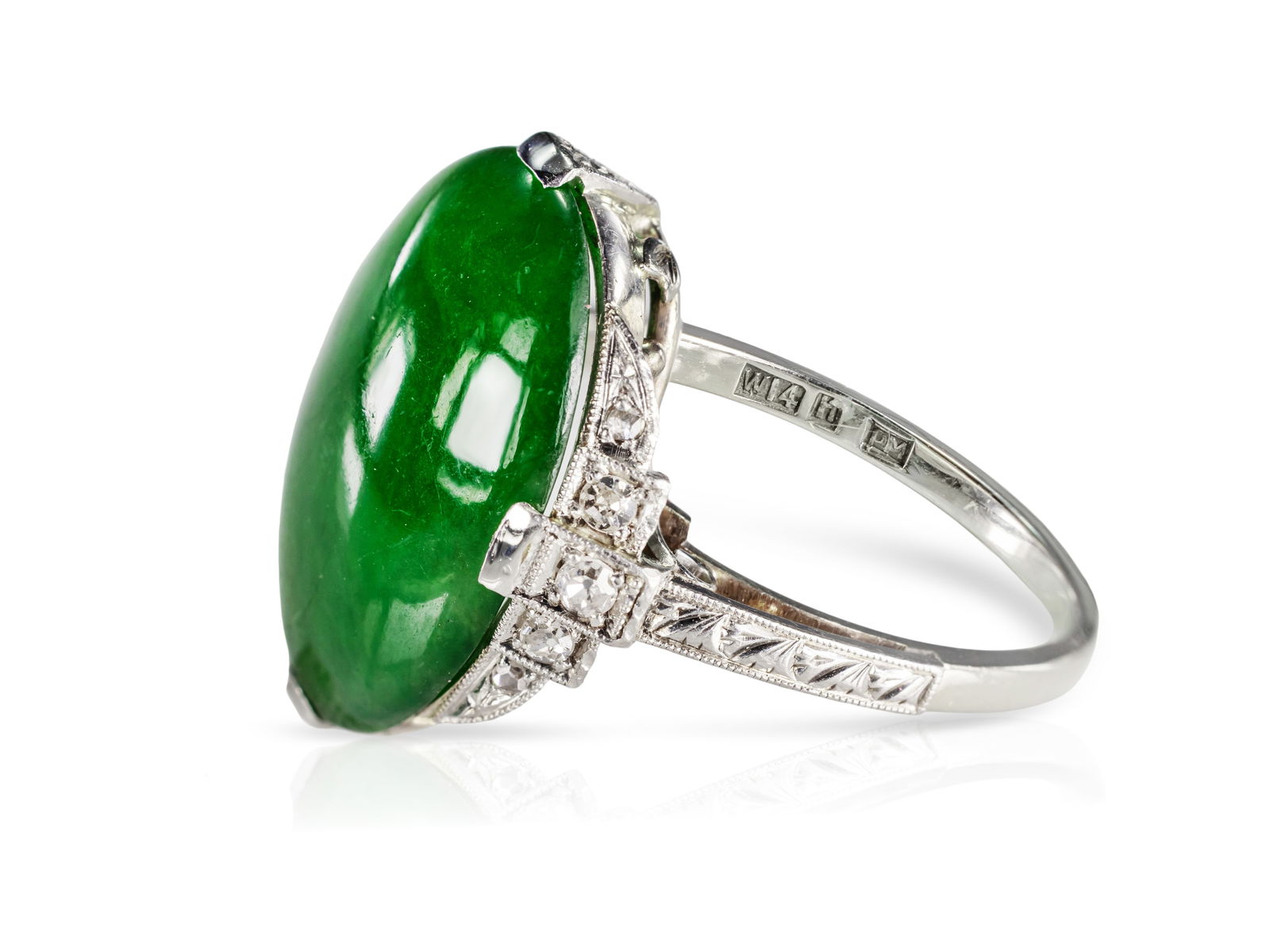 Antique Art Deco Platinum and Diamond Ring with High-Fine Jadeite (Imperial Jade) (1 of 4)