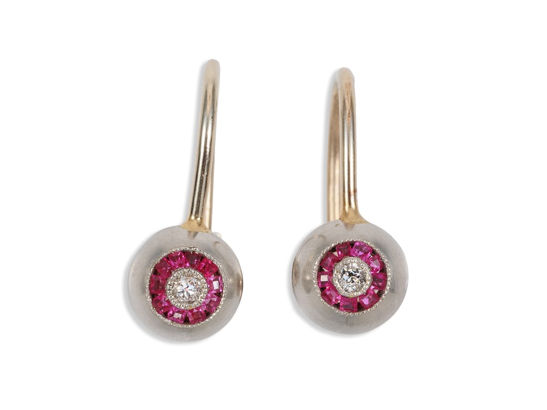 Unusual earrings, 585 gold, old-cut diamonds and rubies: Unusual earrings, 585 gold, old-cut diamonds and rubiesUnusual screw-on earrings, yellow and white gold, hallmarked 585. Each earring is set with a small old-cut diamond (0.02 carats, medium colour an