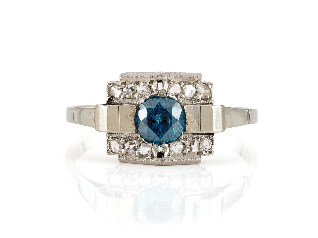 Art Deco ring in 750 white gold, blue brilliant-cut diamond and rose-cut diamonds (1 of 5)