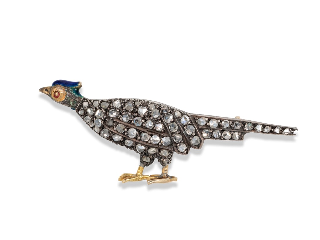 Antique pheasant brooch made of gold and silver, with diamond roses and enamel: Antique pheasant brooch made of gold and silver, with diamond roses and enamelAntique brooch - a pheasant made of gold and silver, not hallmarked, gold fineness tested at approximately 585. The brooch