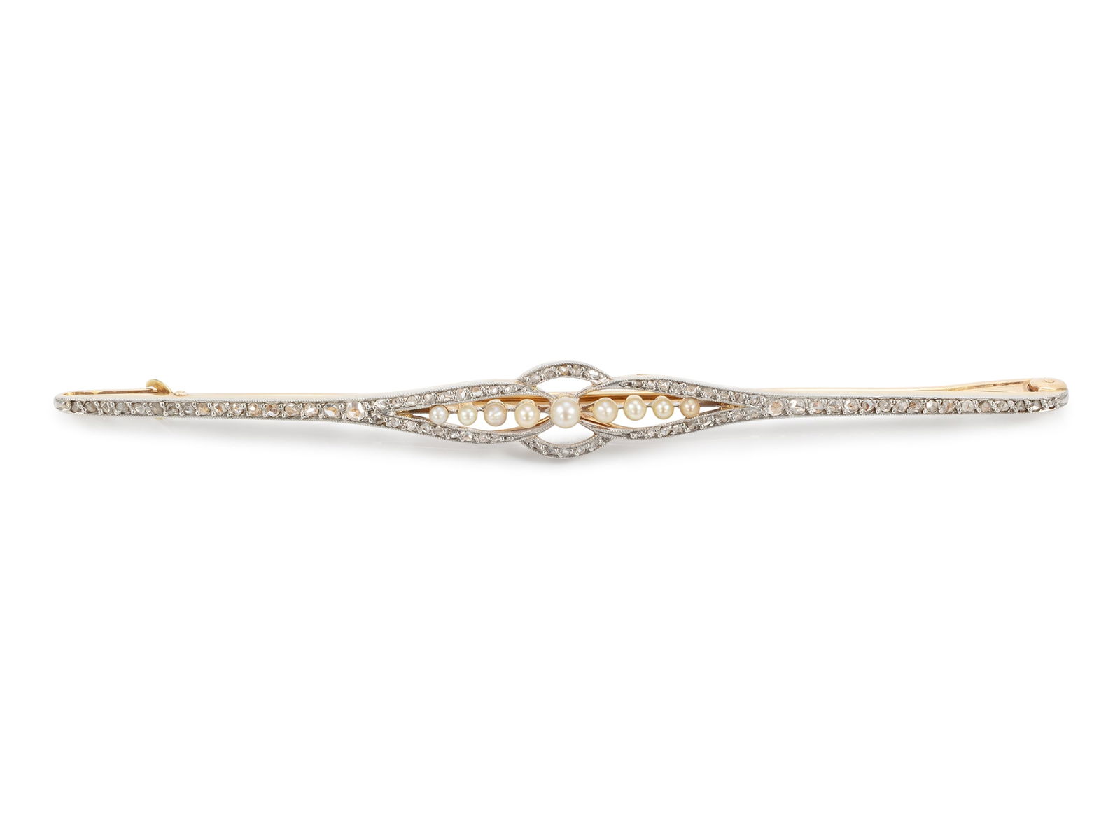 Unusually long, antique rose-cut diamond and pearl pin in gold (1 of 4)