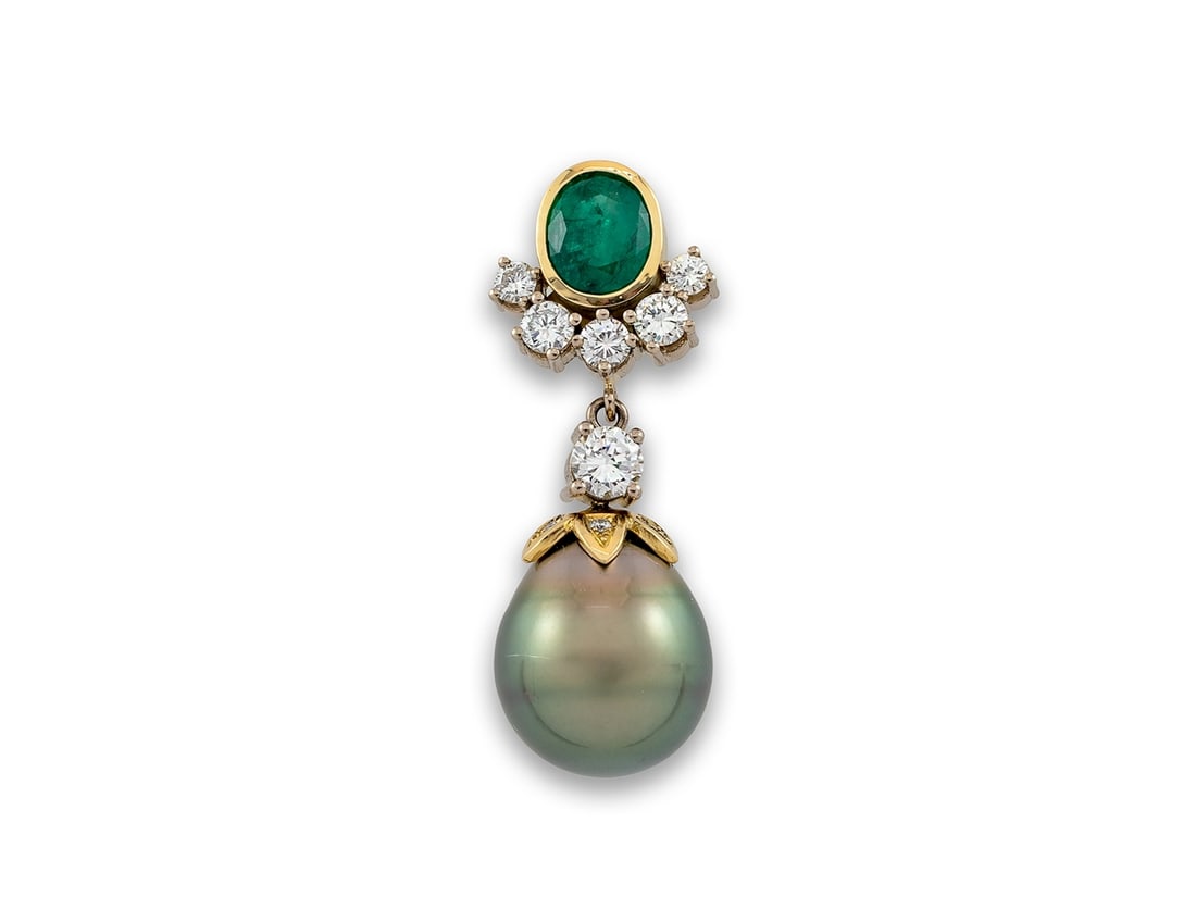 Exquisite, unique pendant made of 585 yellow/white gold with emerald, Tahitian pearl and (1 of 4)