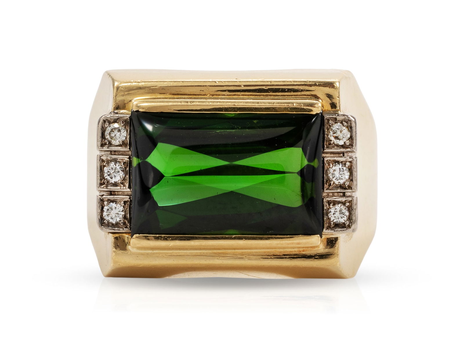 Solid tourmaline brilliant ring in 750 yellow gold and white gold: Solid tourmaline brilliant ring in 750 yellow gold and white goldSolid ring made of yellow gold and white gold, hallmarked 750. Set in the ring is a finely coloured green tourmaline (approx. 13.5 x