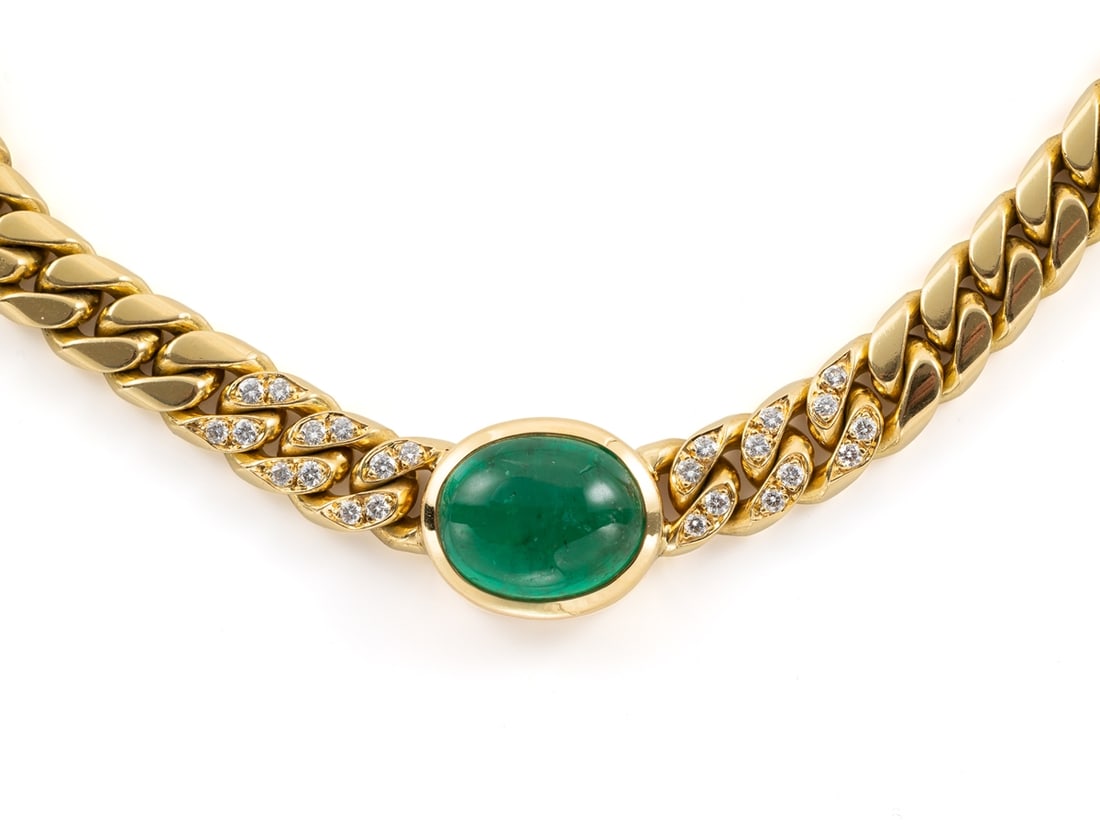Exquisite emerald and diamond necklace in 750 yellow gold, weighing 75 grams (1 of 6)