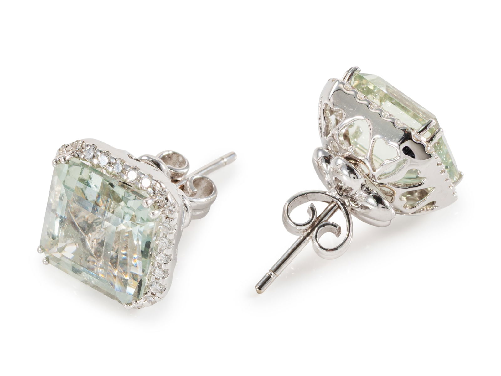 Prasiolite and Brilliant-Cut Diamond Stud Earrings in 18k White Gold: Prasiolite and Brilliant-Cut Diamond Stud Earrings in 18k White GoldWhite gold stud earrings, hallmarked 750 on the backs. The earrings feature two prasiolites (10.6 x 10.6 mm) totaling approximately