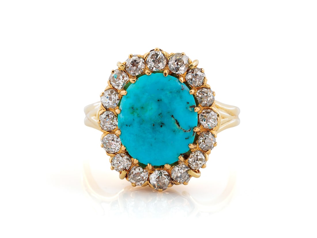 Yellow gold ring with turquoise and old-cut diamonds (1 of 5)