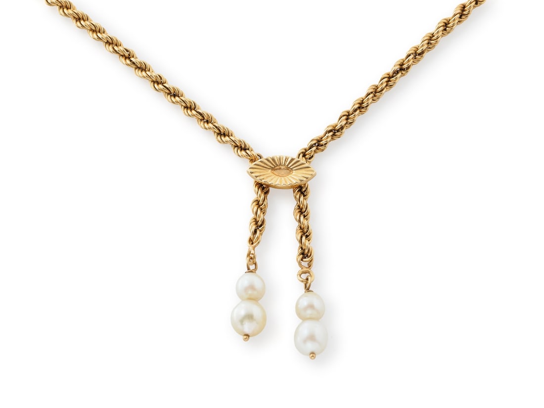 14k yellow gold (585) cord necklace with Akoya cultured pearl pendants (1 of 4)