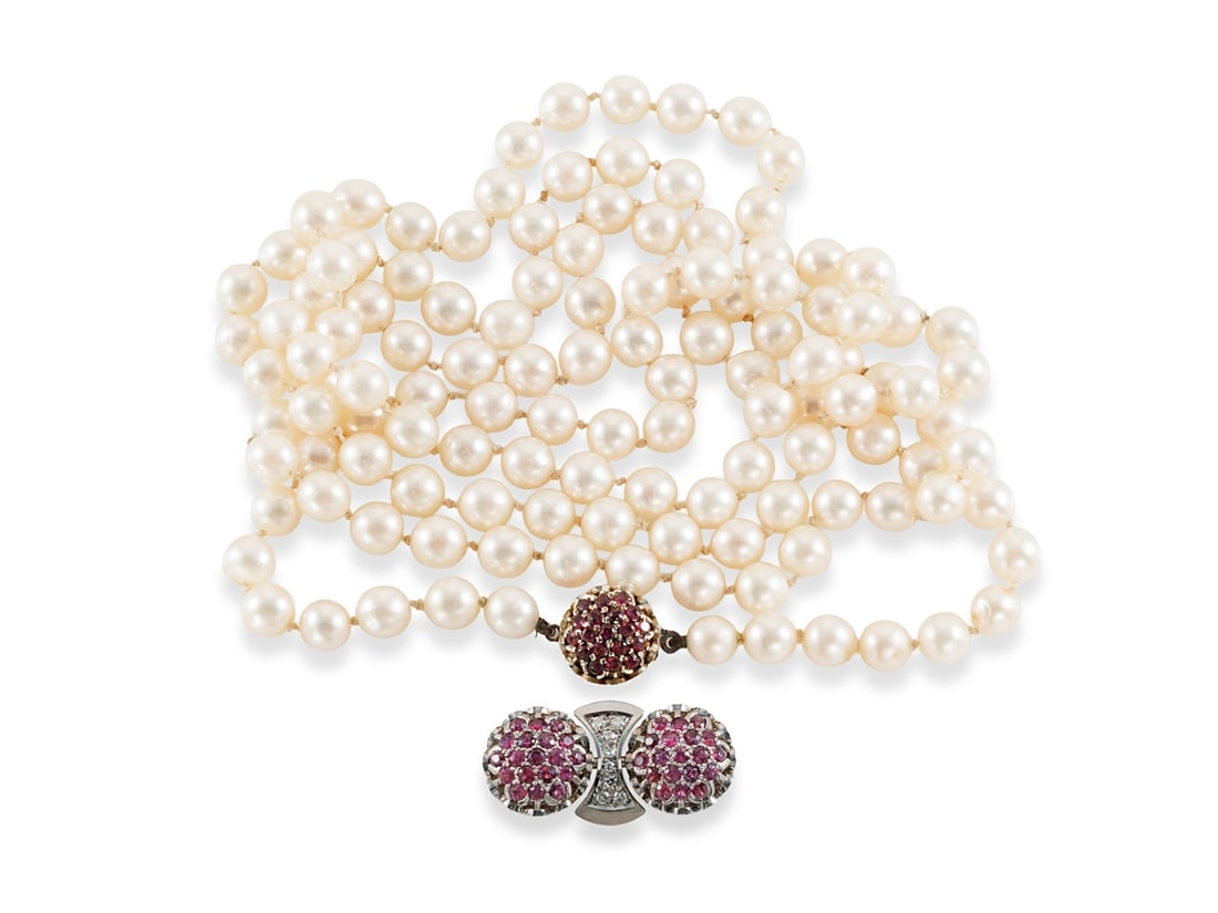 Akoya cultured pearl necklace with clip, 14k/585 white gold, rubies and diamonds (1 of 11)