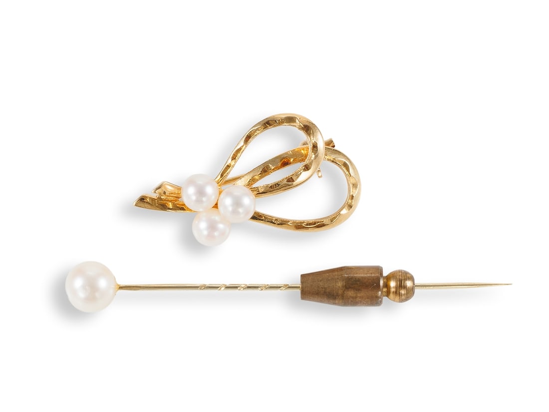 Tie pin and brooch in 14k yellow gold, with Akoya cultured pearls (1 of 5)
