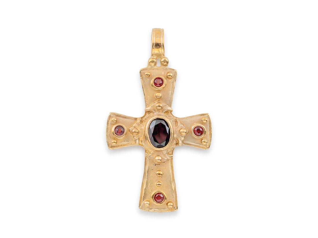 Decorative cross in 333 yellow gold, with garnets (1 of 6)