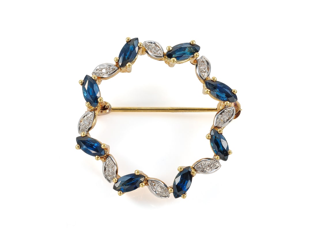 Delicate brooch, 14k yellow and white gold, sapphires and diamonds (1 of 4)