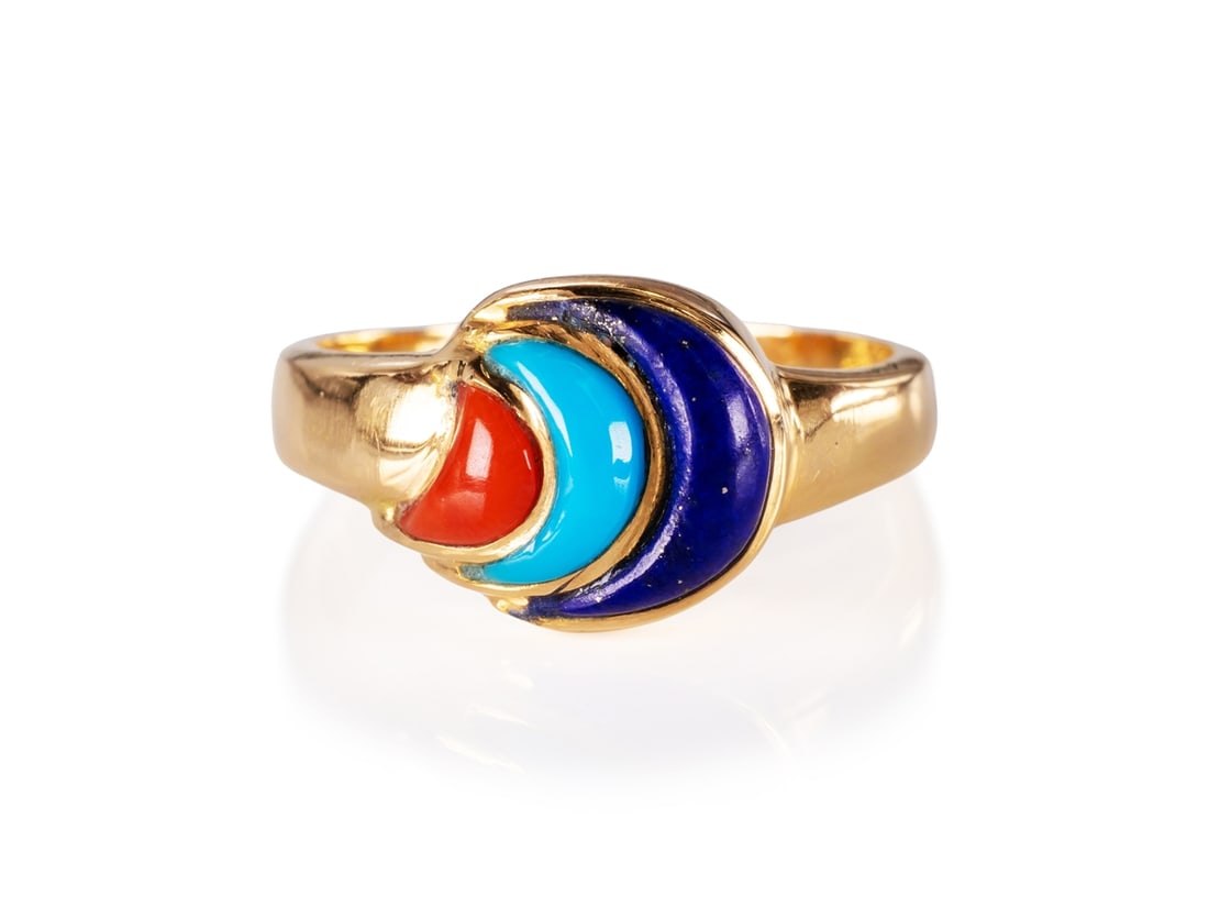 Distinctive ring made of 750 yellow gold, with lapis lazuli, turquoise and coral (1 of 4)