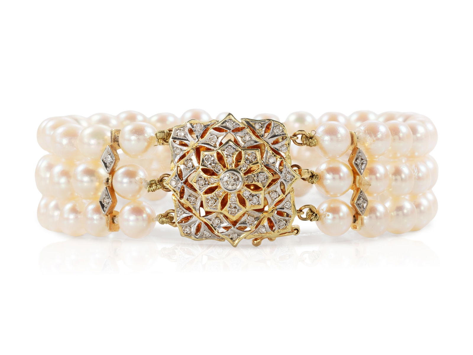 Three-strand Akoya cultured pearl bracelet with a 14K yellow gold diamond clasp (1 of 6)