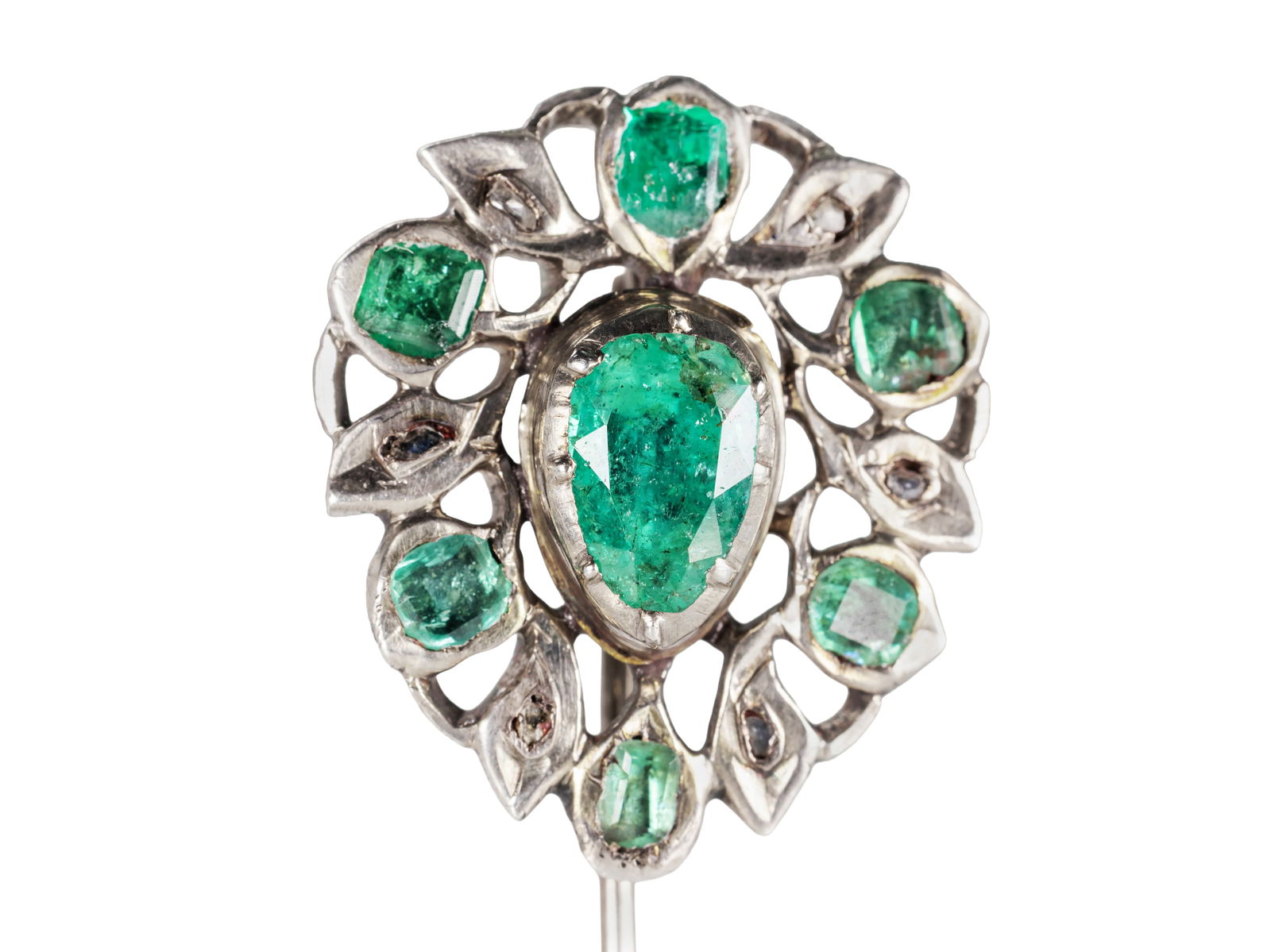 Antique silver tie pin with emeralds and diamonds (1 of 5)