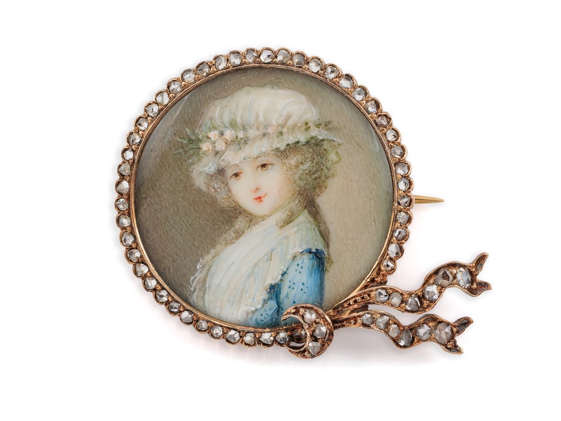 Antique gold brooch with miniature painting and rose-cut diamonds (1 of 5)