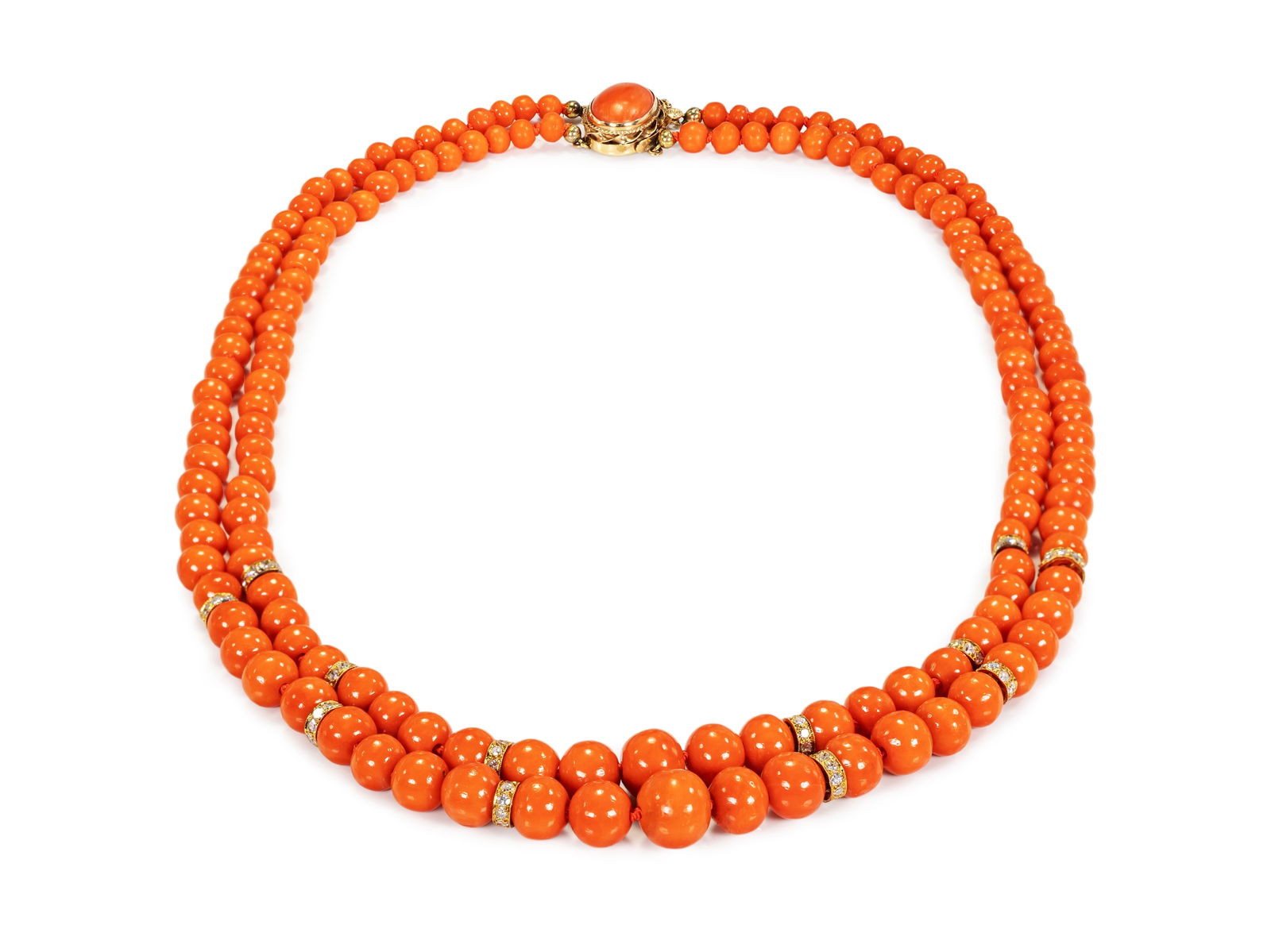 Double-strand coral necklace with yellow gold and diamond rondelles: Double-strand coral necklace with yellow gold and diamond rondellesAttractive, double-strand necklace made of 75 and 81 coral beads, approximately 5 to 12 mm in diameter, with a 14k yellow gold clasp