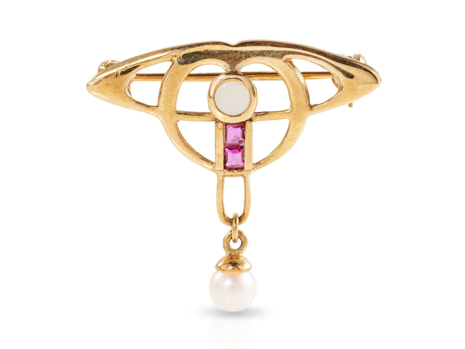 Small yellow gold brooch with opal, rubies and cultured pearl (1 of 4)