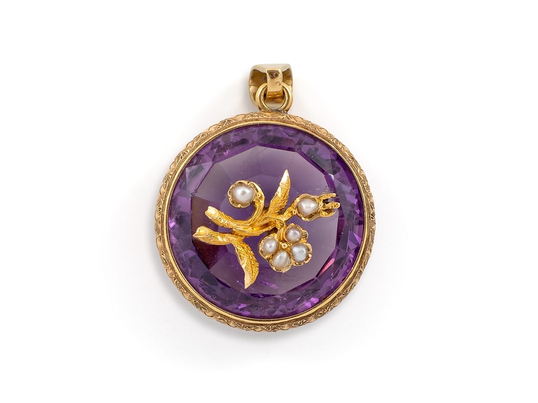 Antique pendant in 750 yellow gold, with amethyst and seed pearls (1 of 5)