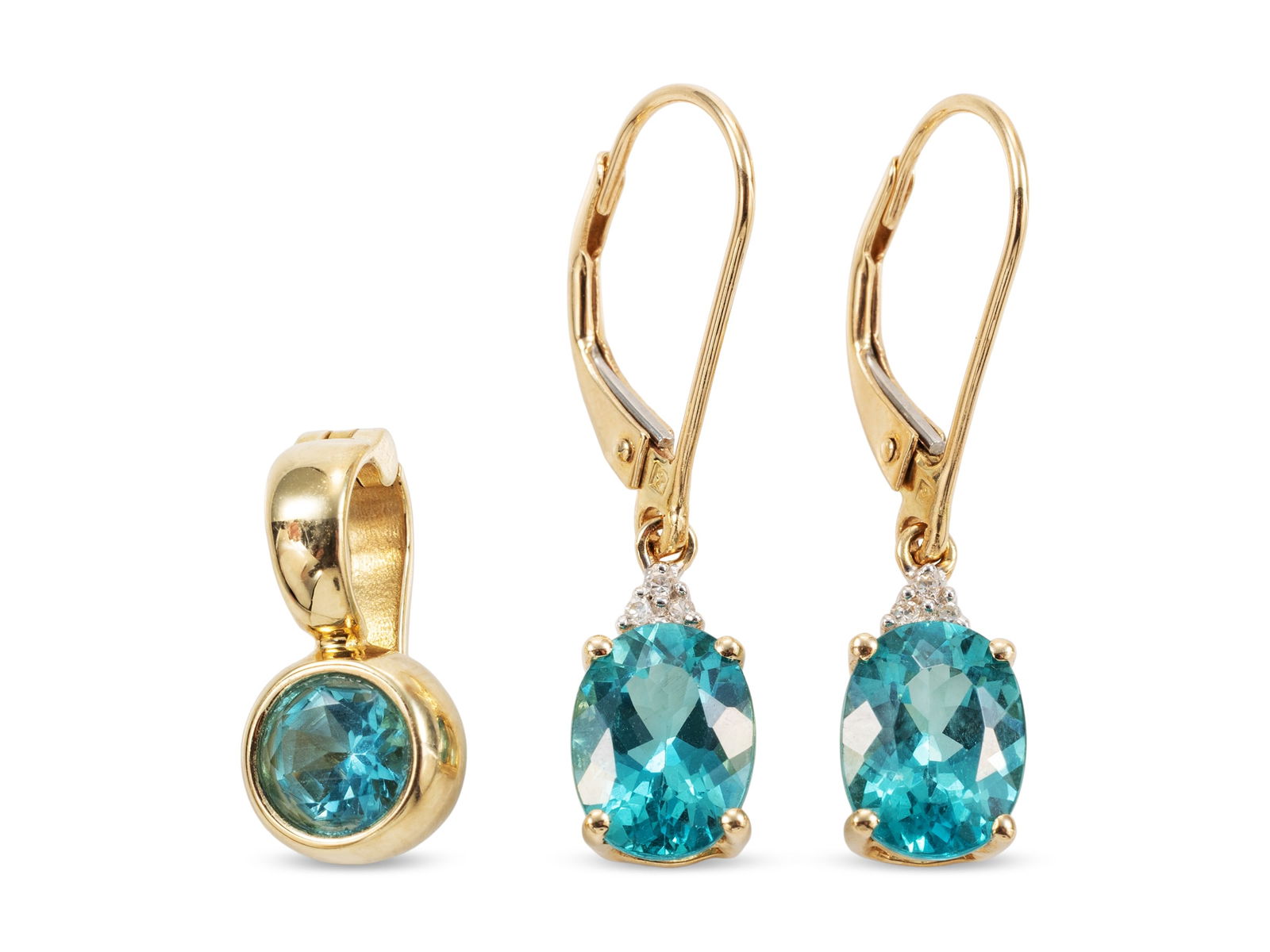 Gemstone and diamond earrings and pendant in 14k yellow gold (585): Gemstone and diamond earrings and pendant in 14k yellow gold (585)Delicate earrings in yellow gold, hallmarked 585. Each earring features a blue gemstone (likely apatite, 8 x 6 mm) and three tiny octa