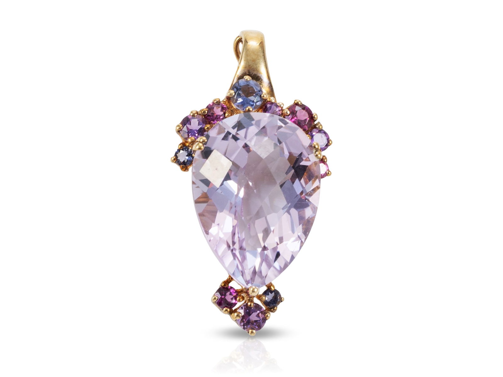 Amethyst-Rhodolite-Iolite Pendant in 333 Yellow Gold: Amethyst-Rhodolite-Iolite Pendant in 333 Yellow GoldAttractive yellow gold pendant, hallmarked 333 on the bail (for opening). Set within the pendant is an amethyst (approximately 18 x 13 x 9 mm) of ap