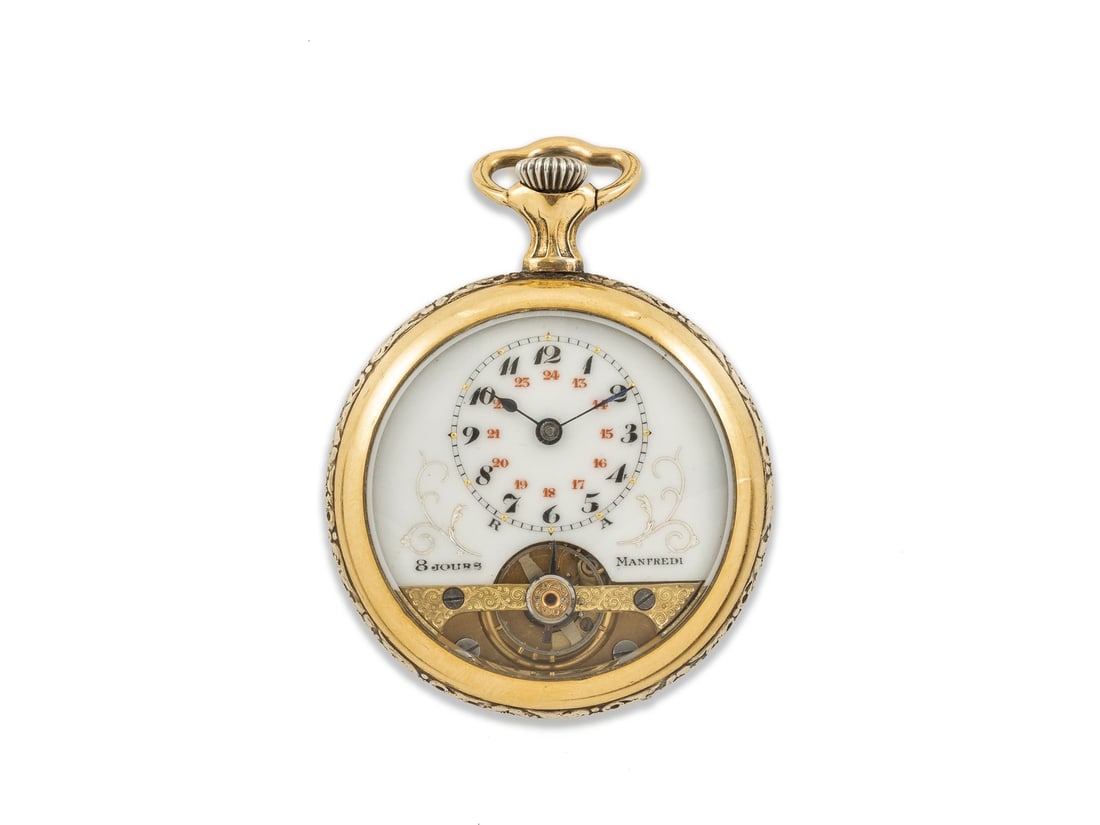 Manfredi pocket watch with aeroplane motif, Italy/Switzerland, circa 1900: Manfredi pocket watch with aeroplane motif, Italy/Switzerland, circa 1900Attractive pocket watch, partially silver-plated, with an image of an early aeroplane on the back. Enamelled dial, marked 8 Jou