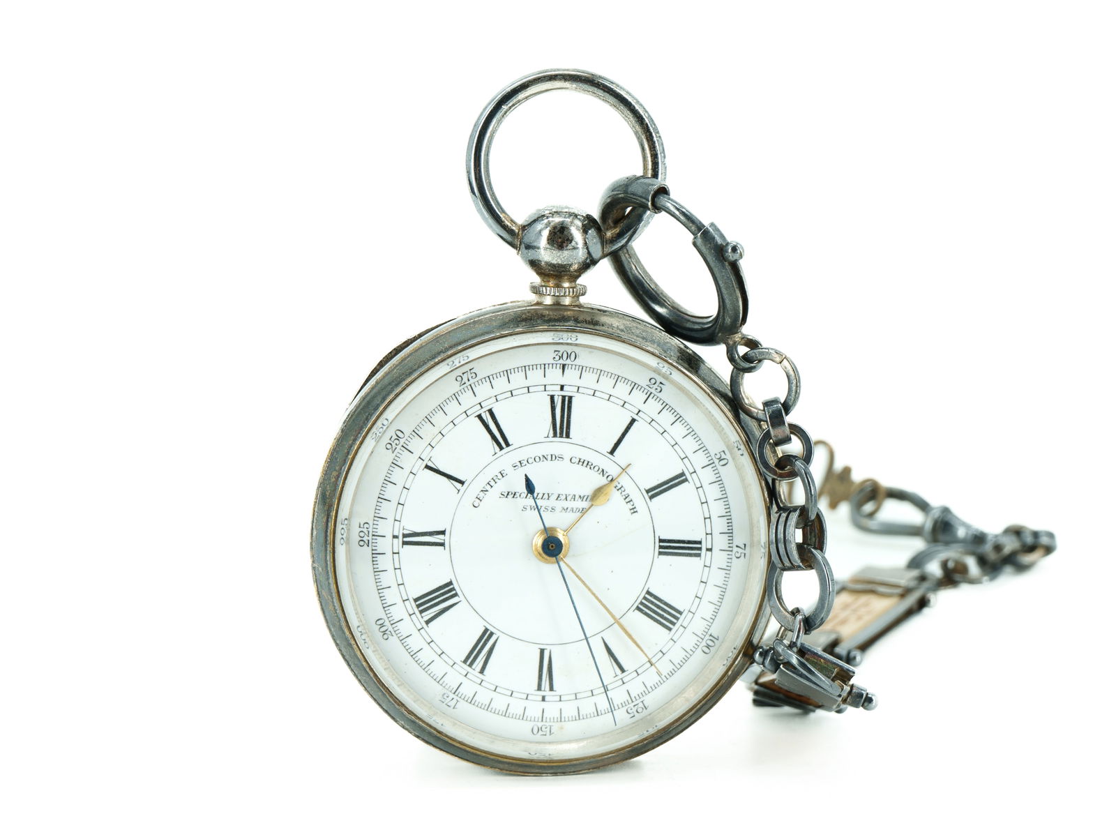Swiss pocket watch with chronograph function and watch chain, circa 1910 (1 of 5)