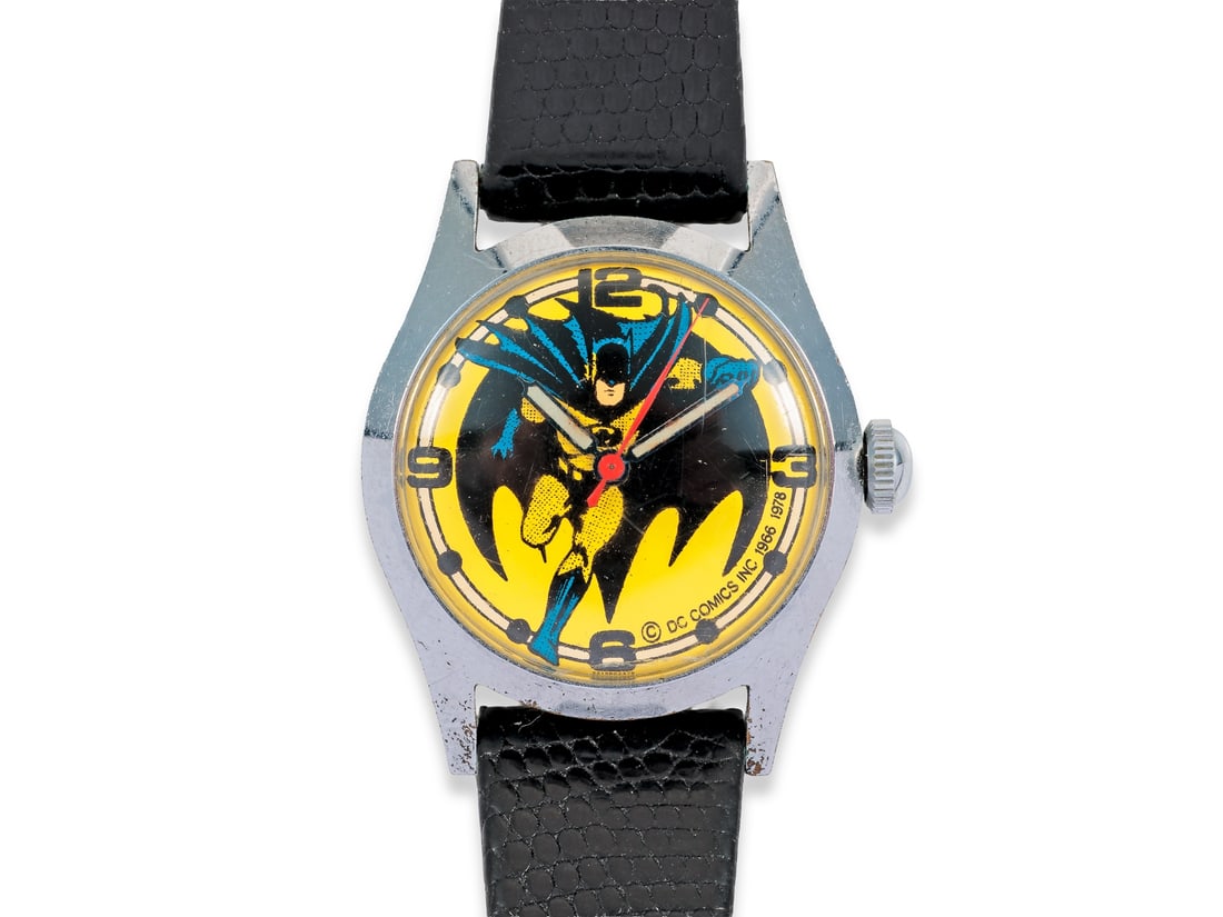DC Comics, Timex, Batman wristwatch, 1978: DC Comics, Timex, Batman wristwatch, 1978Timex licensed watch from DC Comics with Batman dial. Round metal case, manual winding movement with Swiss calibre from Lunesa, equipped with Incabloc shock pr