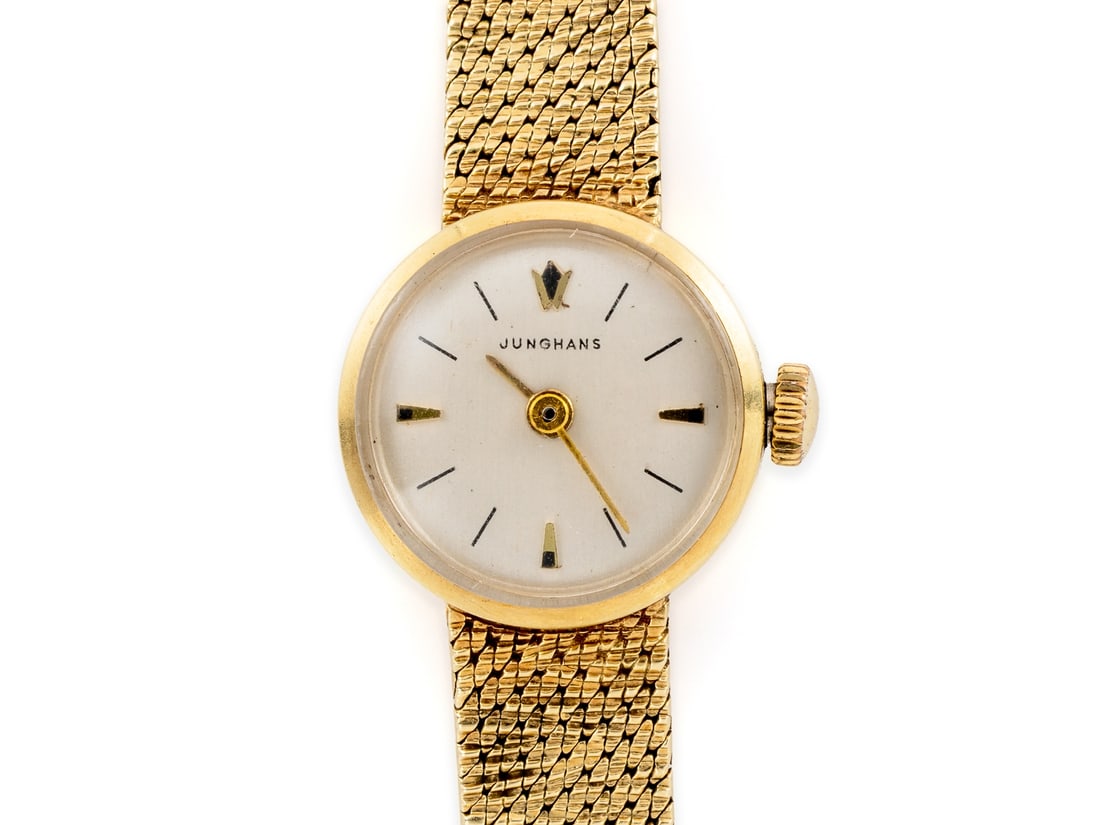 Junghans ladies' wristwatch, 14 K, 585 gold, circa 1960: Junghans ladies' wristwatch, 14 K, 585 gold, circa 1960Ladies' wristwatch by Junghans in 585 gold, manual winding. Finely crafted bracelet and case in yellow gold. Cream-coloured dial with bar indices