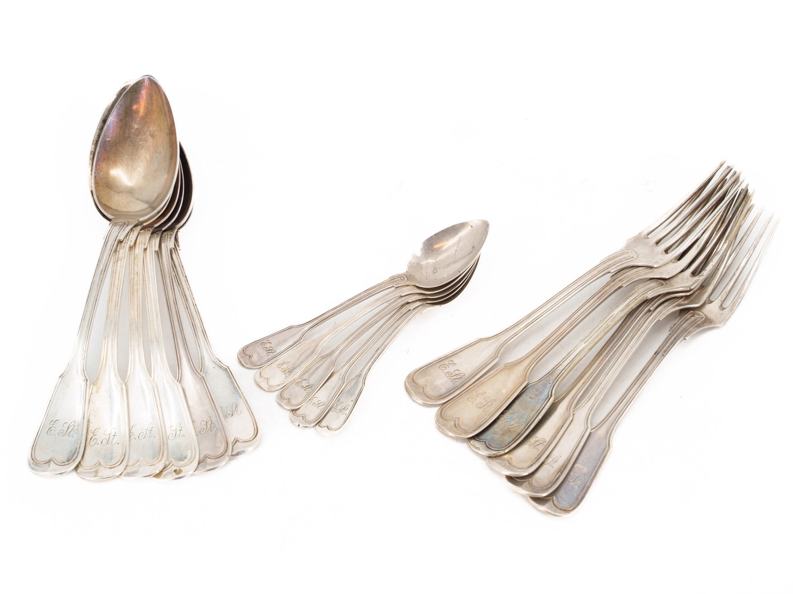 Silver cutlery set, Augsburg thread pattern, 800 silver, circa 1920: Silver cutlery set, Augsburg thread pattern, 800 silver, circa 1920Silver cutlery set in the Augsburg thread pattern, made of solid 800 silver, monogram "E.St." on the end of the handle. The set