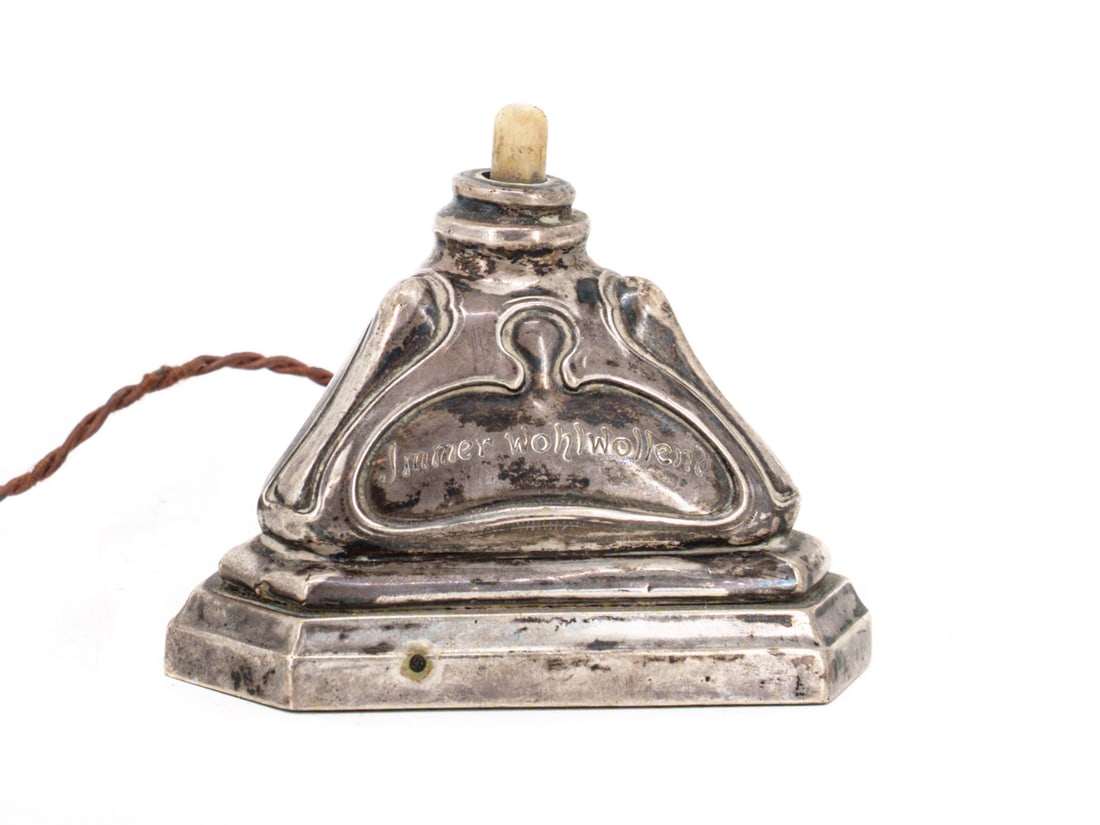 Art Nouveau Table Bell, 800 Silver, Germany, circa 1900: Art Nouveau Table Bell, 800 Silver, Germany, circa 1900Beautiful Art Nouveau table bell with the engraved inscription "Always benevolent." Triangular shape with typical Art Nouveau design elements.