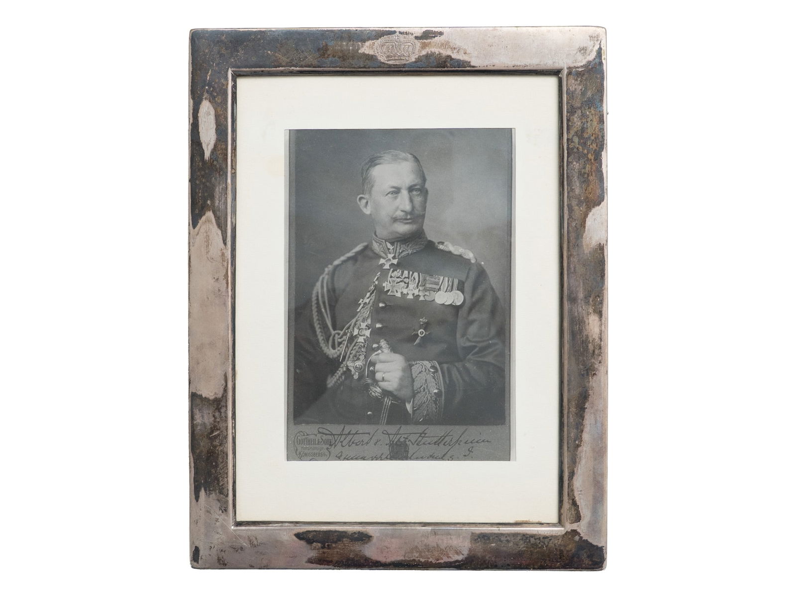 Portrait in silver frame, Lieutenant General Albert von Stutterheim, circa 1900: Portrait in silver frame, Lieutenant General Albert von Stutterheim, circa 1900Portrait photograph of Lieutenant General Albert von Stutterheim (1853-1929) in an 835 silver frame. Smooth frame with fi