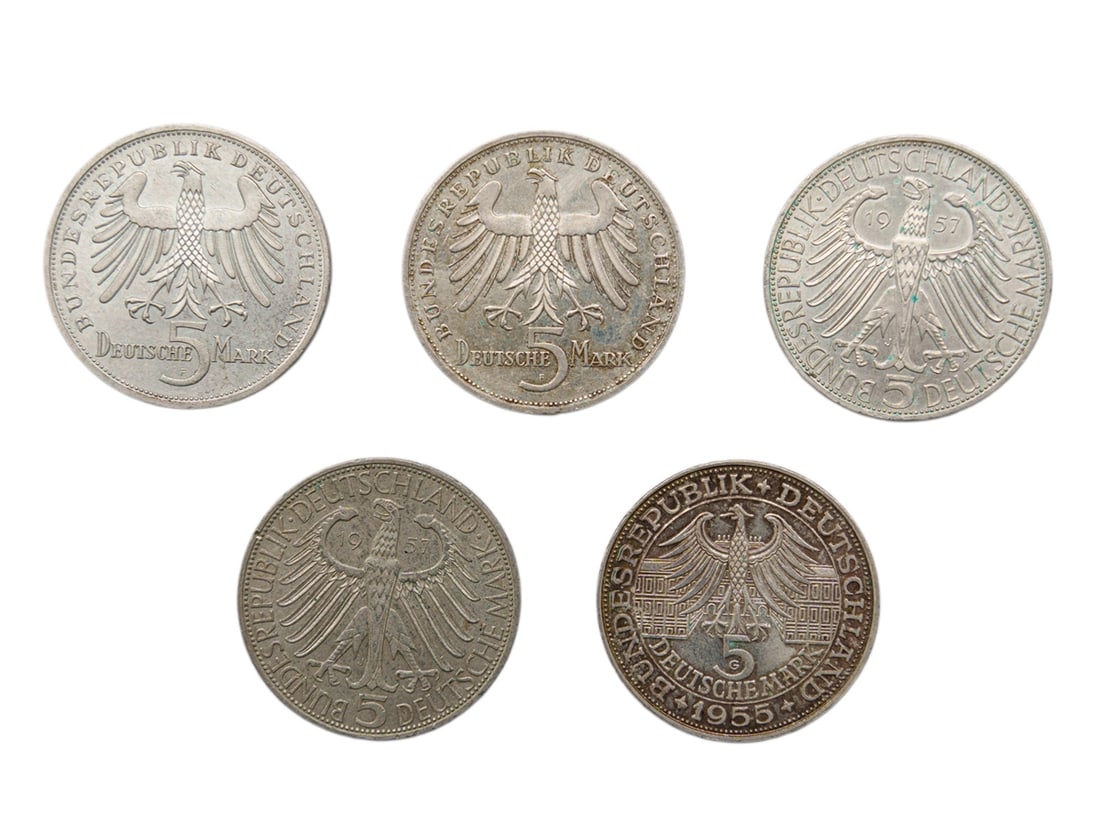 Mixed lot of 5 commemorative coins, silver, Germany, from 1955: Mixed lot of 5 commemorative coins, silver, Germany, from 1955Mixed lot, consisting of 5 silver coins, each 5 German marks. Twice Friedrich von Schiller, minted in 1955, twice Joseph Freiherr von Eich