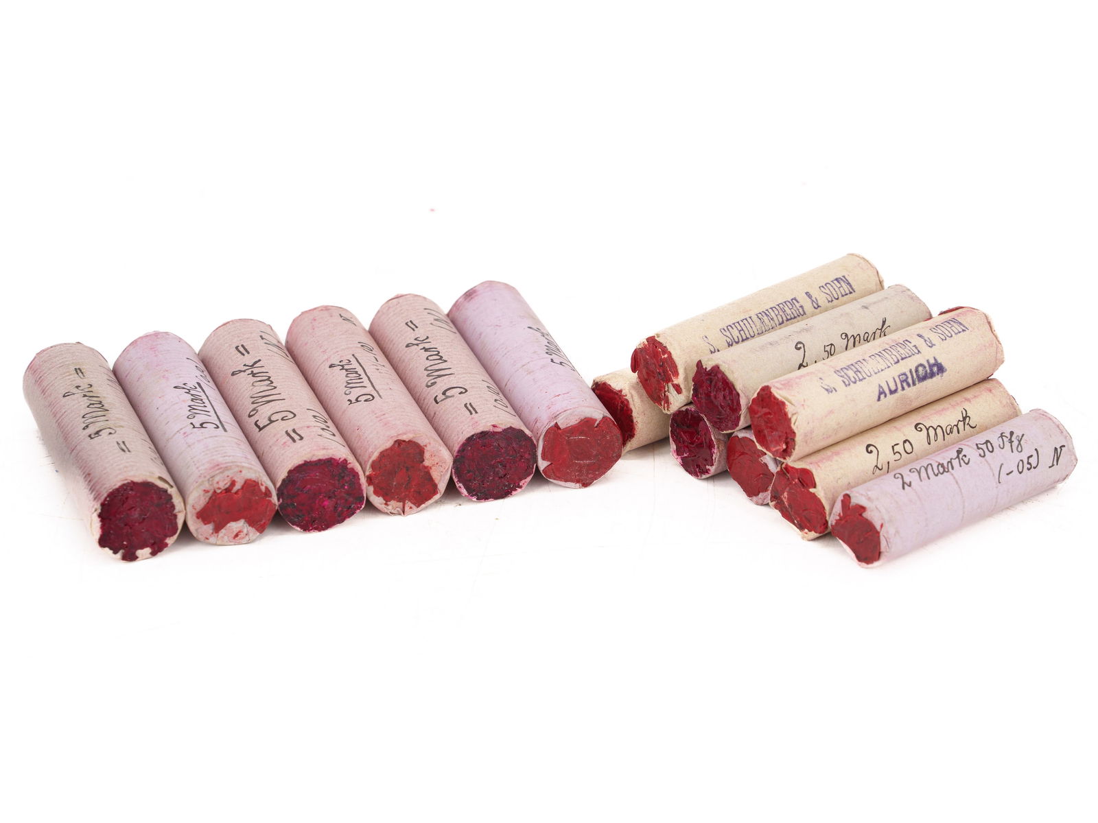 Mixed lot of rolls of Reichspfennige, Germany, from the end of the 19th century: Mixed lot of rolls of Reichspfennige, Germany, from the end of the 19th centuryCollection of circulated coins rolled, written and sealed. Included are 30RM in 10-pfennig rolls and 18.50RM in 5-pfennig