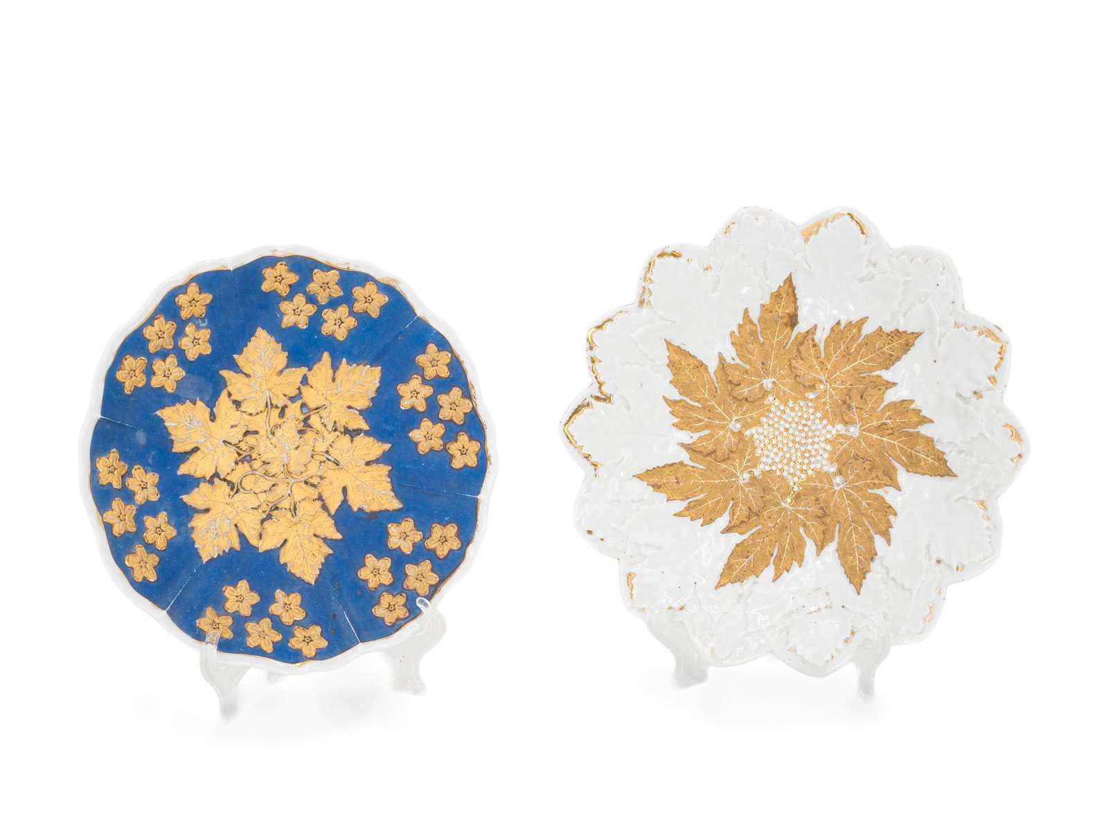 Two decorative plates with leaf decoration, Meissen, crossed swords mark (1 of 4)