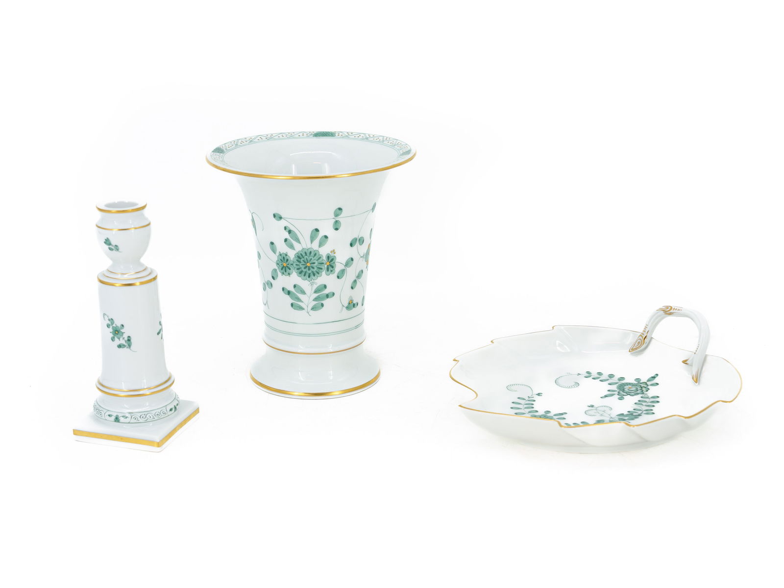 Meissen porcelain Indian green set, vase, leaf bowl, candlestick, all first choice (1 of 2)