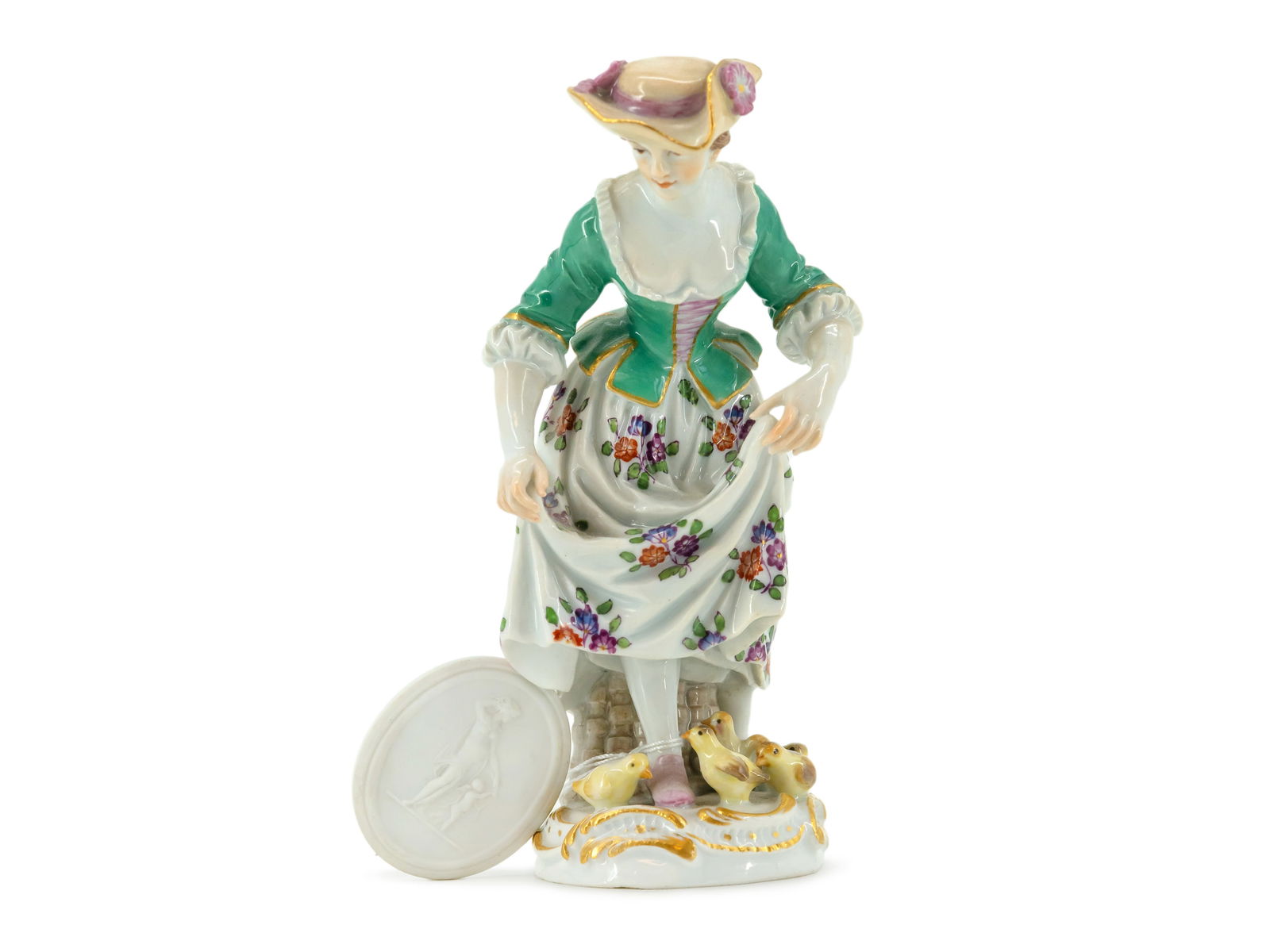 Peter Reinicke (1715-68) Meissen Figurine "Parisian Town Crier Girl with Chick," Sword Mark and: Peter Reinicke (1715-68) Meissen Figurine "Parisian Town Crier Girl with Chick," Sword Mark and Meissen MedallionPorcelain figurine "Parisian Town Crier Girl with Chick" from the Meissen Manufactory,