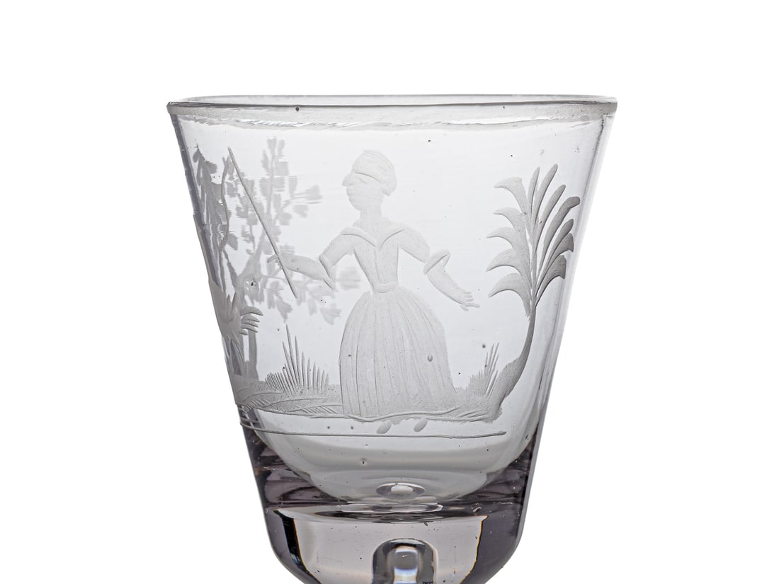 Baroque chalice glass ‘Goose Girl’, mid-18th century: Baroque chalice glass ‘Goose Girl’, mid-18th centuryBaroque chalice glass with conical bowl. The engraving on the bowl shows a girl on a landscape base tending a goose. Stem with engraved