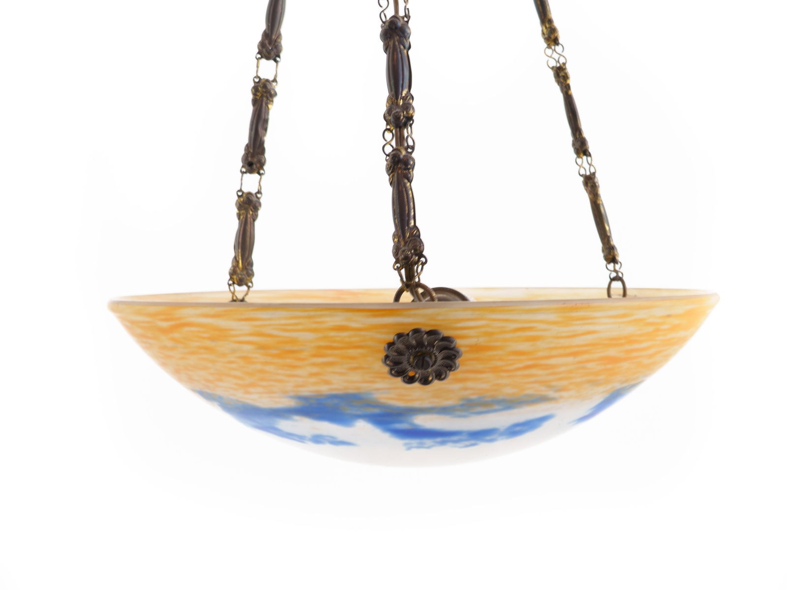 Art Nouveau Pendant Lamp, Jean Noverdy, Dijon, circa 1920: Art Nouveau Pendant Lamp, Jean Noverdy, Dijon, circa 1920Art Nouveau pendant lamp by Noverdy. Colorless, frosted glass with orange and blue powder inclusions. Original, three-chain metal suspension ma