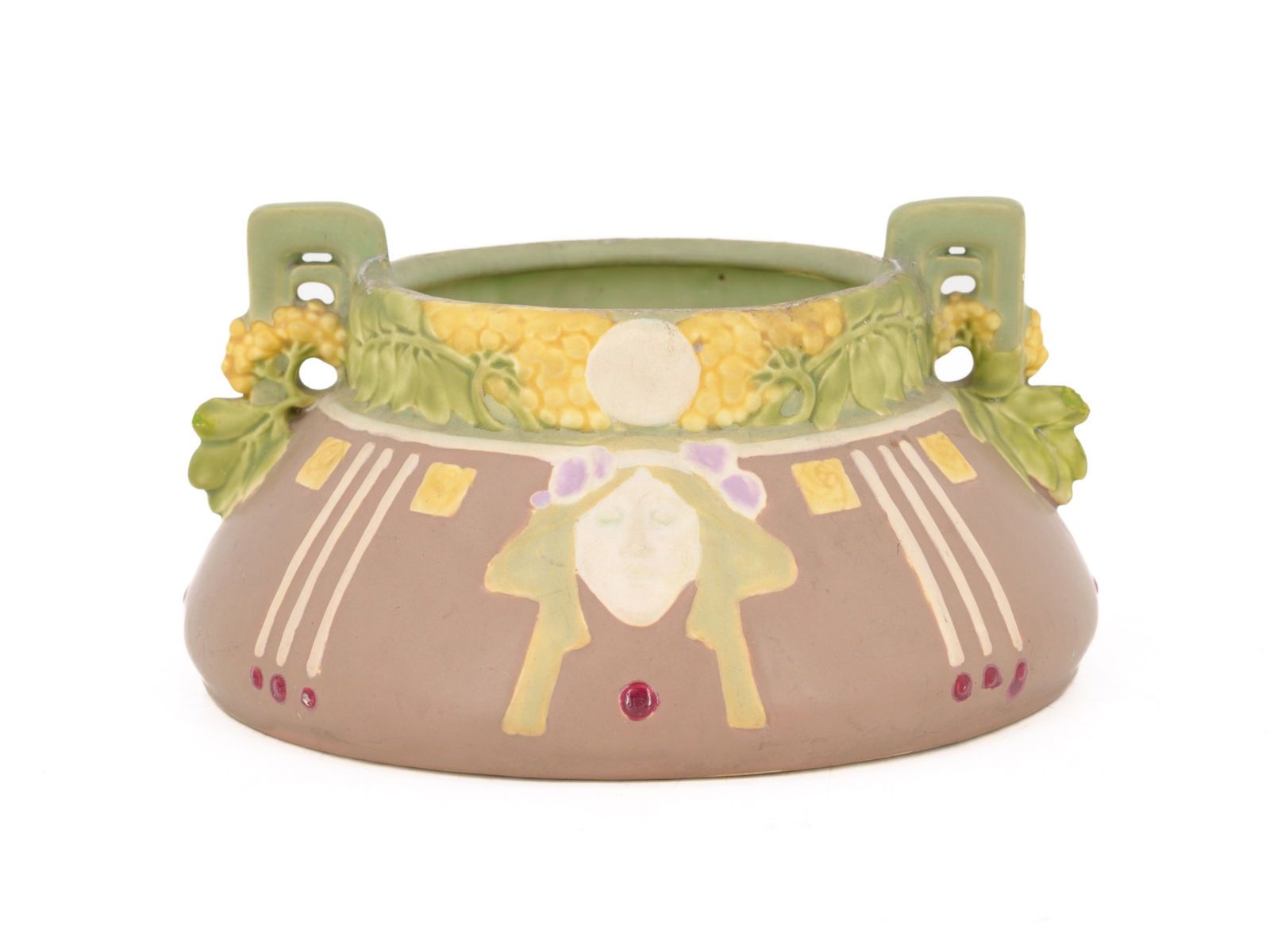 Jardiniere, ceramic, Art Nouveau, with female masks and floral reliefs, circa 1900: Jardiniere, ceramic, Art Nouveau, with female masks and floral reliefs, circa 1900Decorative ceramic jardiniere, made around 1900 in Art Nouveau style. The squat, bulbous body is decorated all around