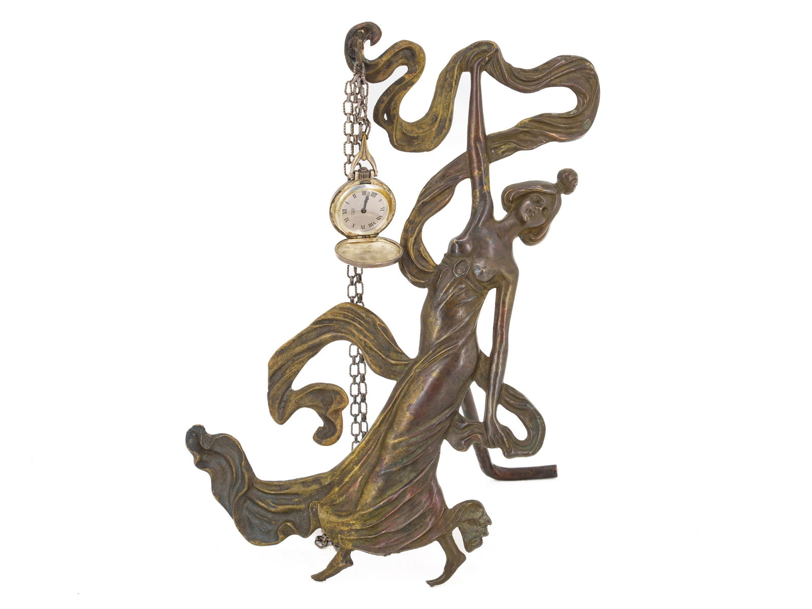 Art Nouveau pocket watch stand “Dancer”, bronze, around 1900: Art Nouveau pocket watch stand “Dancer”, bronze, around 1900Figurative clock stand in the shape of an Art Nouveau dancer, made of patinated bronze. Height approx. 23cm.Enclosed is a small