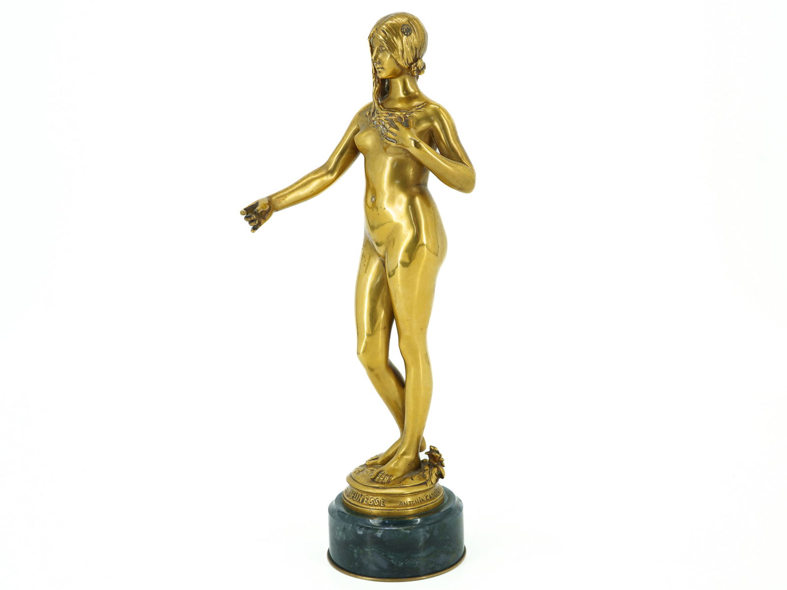 Antonin Carles (1851-1919), bronze sculpture 'La Jeunesse", around 1900: Antonin Carles (1851-1919), bronze sculpture 'La Jeunesse", around 1900 Art Nouveau bronze sculpture, female nude in finely detailed moulding. Braided hair adorned with two blossoms, which falls over