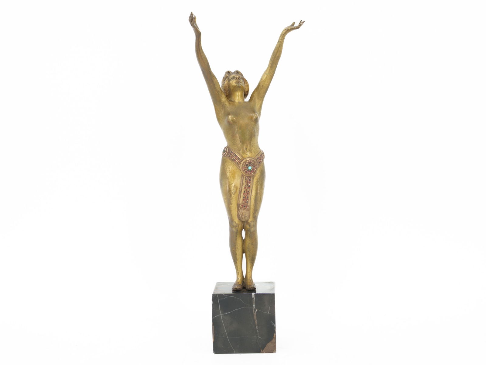 Bronze sculpture “Dancing Salomé”, probably Vienna, around 1900: Bronze sculpture “Dancing Salomé”, probably Vienna, around 1900 Art Nouveau bronze sculpture, female nude in finely detailed form, gold patinated, on a black stone base, adorned with