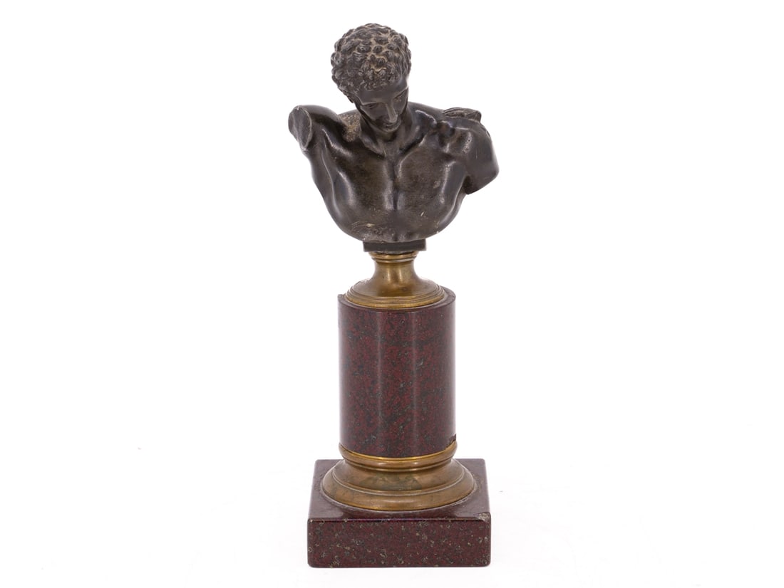 Bronze sculpture ‘Hermes by Praxiteles’, circa 1900: Bronze sculpture ‘Hermes by Praxiteles’, circa 1900Bronze bust of Hermes by Praxiteles. Finely modelled, dark brown patina, fully sculpted and mounted on a round pedestal with a square pli